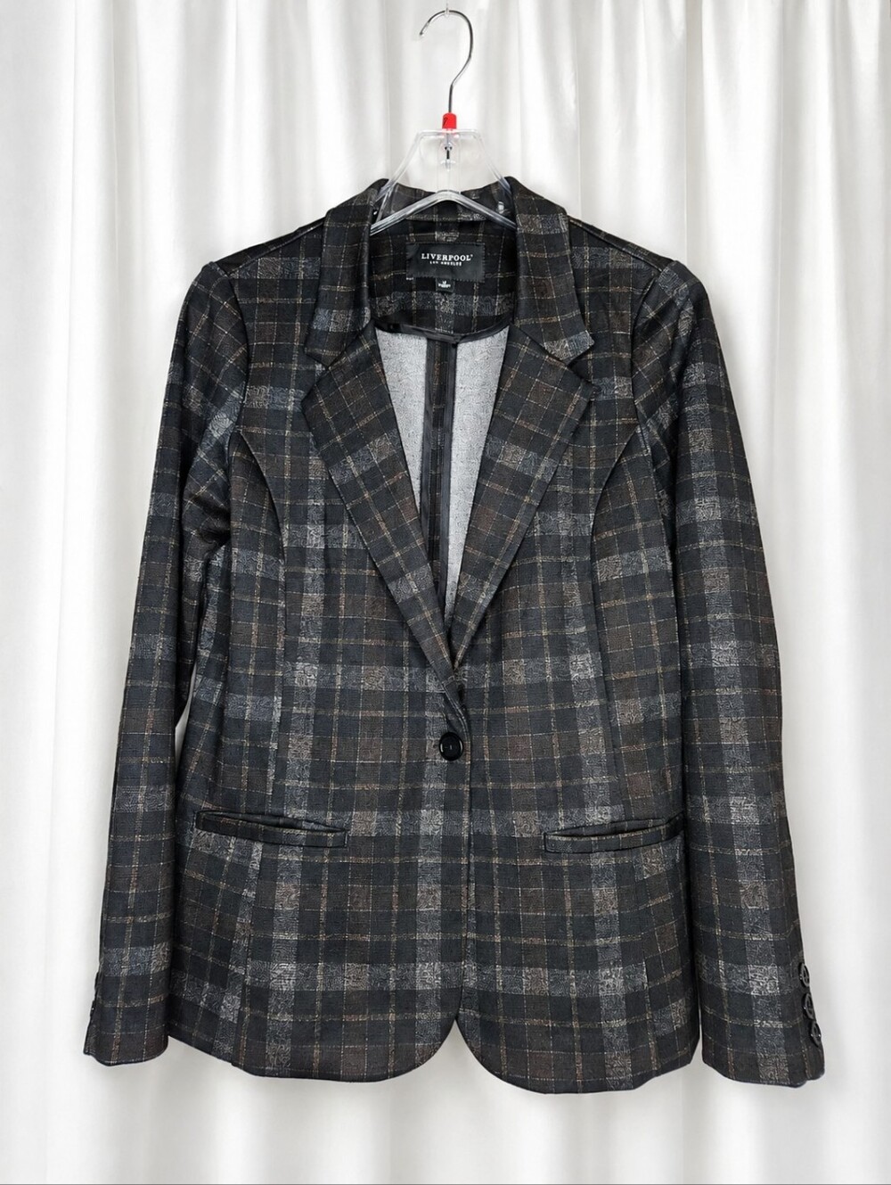 Liverpool Los Angeles Tartan Plaid Stretch Knit Blazer Black Brown Career Preppy